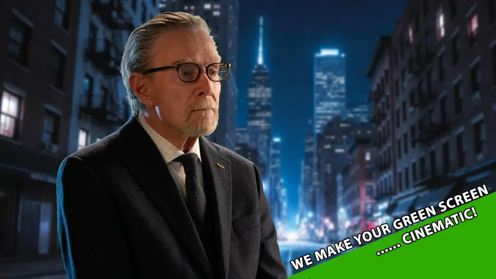Man in glasses and a suit in front of a night city skyline, with text reading We make your green screen cinematic!